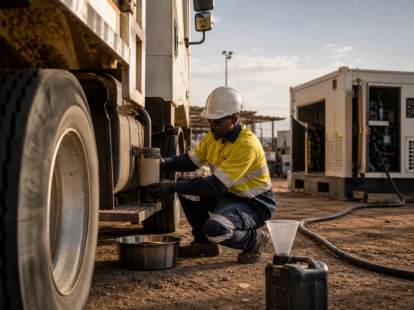 Field technician maintaining diesel equipment in demanding operating conditions.