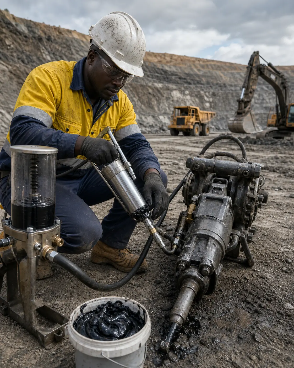 Mining technician lubricating pneumatic rock drill equipment in an open-pit operating environment.