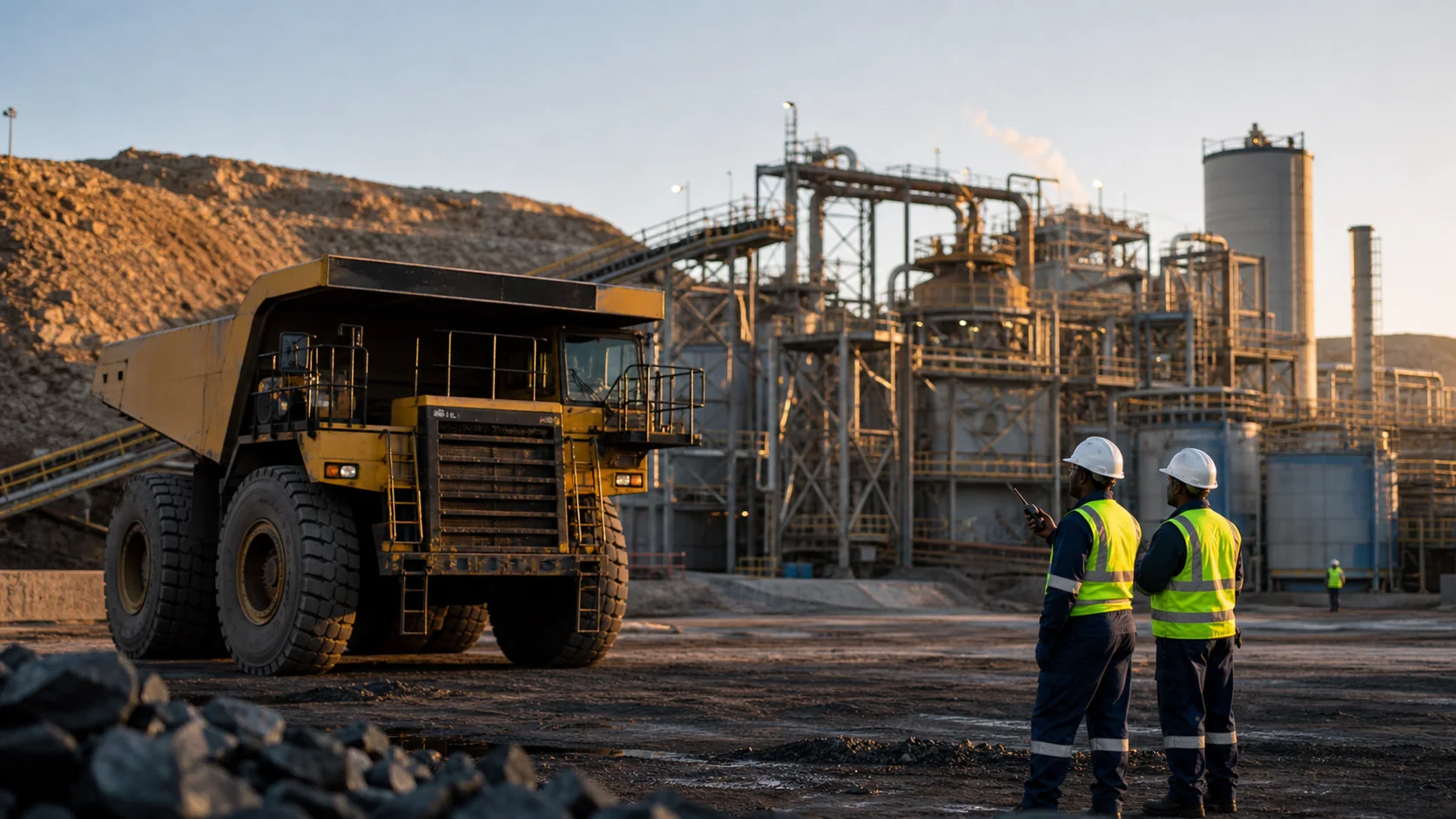 Large-scale industrial site with heavy equipment and field teams.