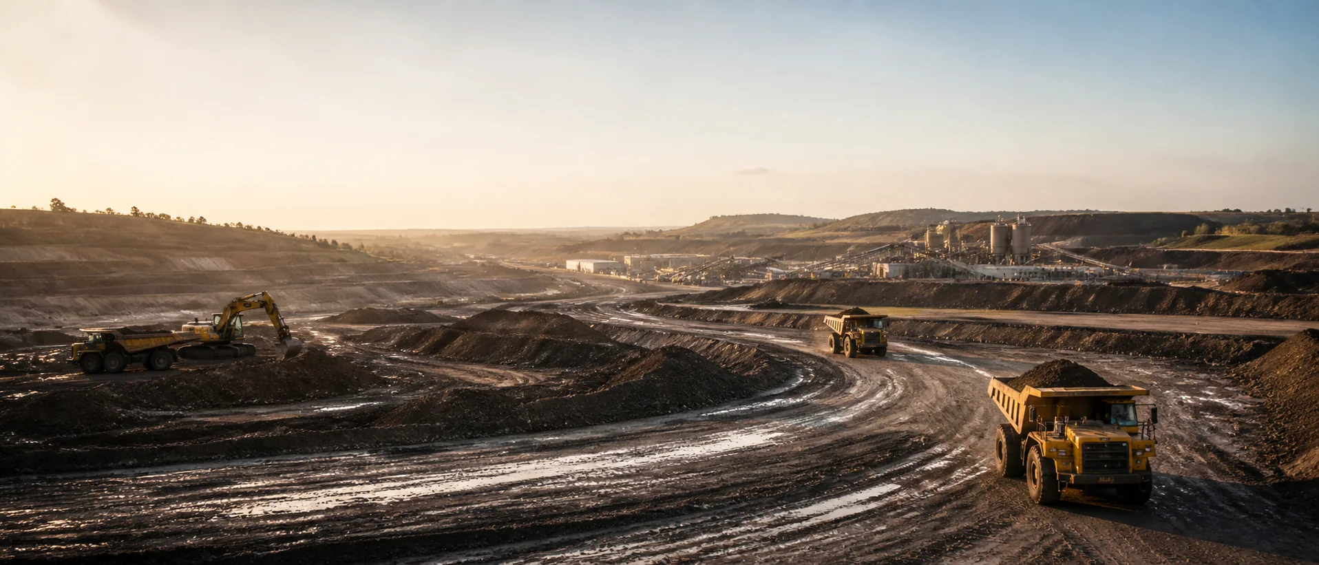 Wide view of active mining operations and industrial processing infrastructure.