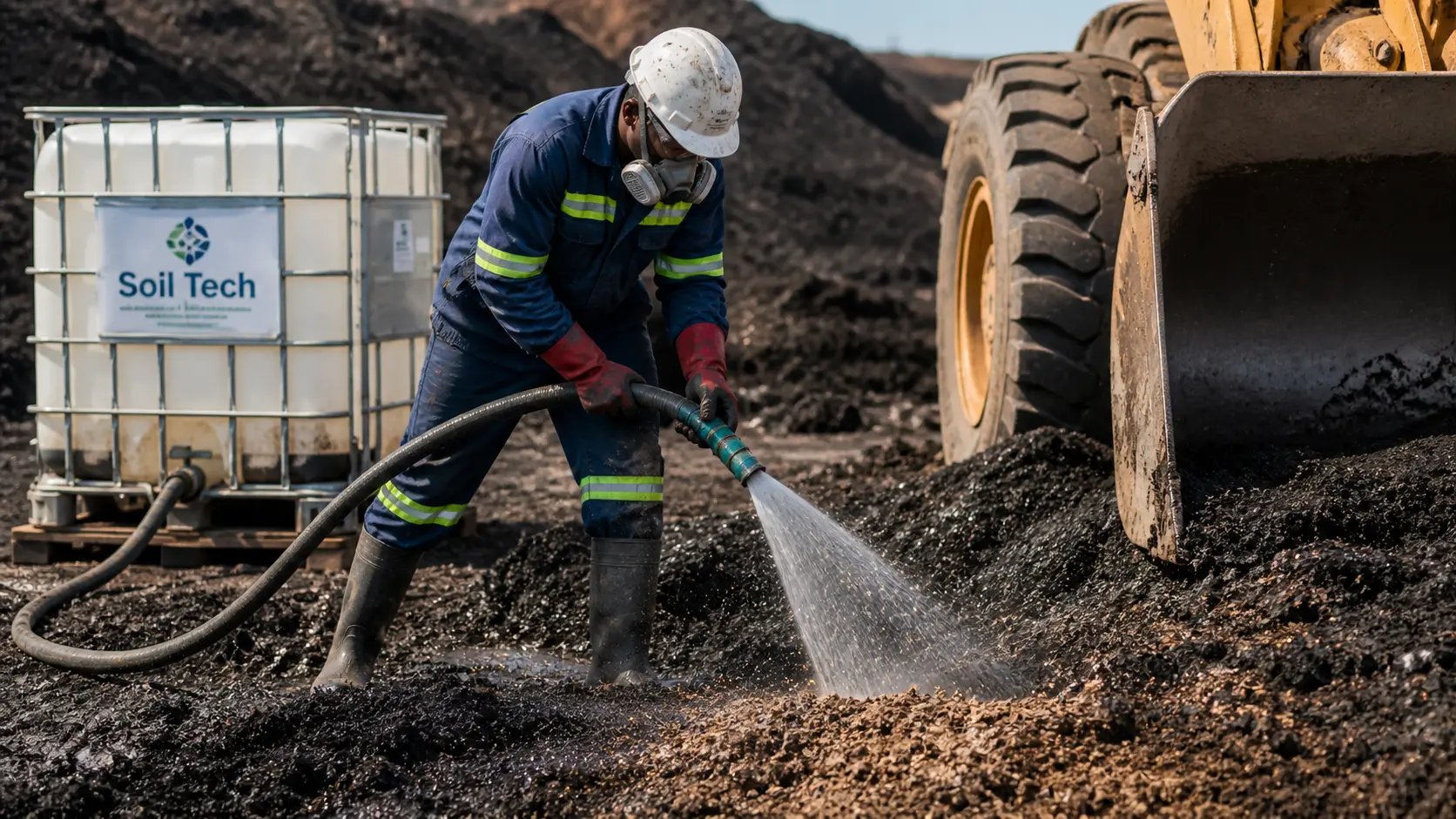 Field operator applying Soil Tech directly into contaminated soil near heavy equipment.