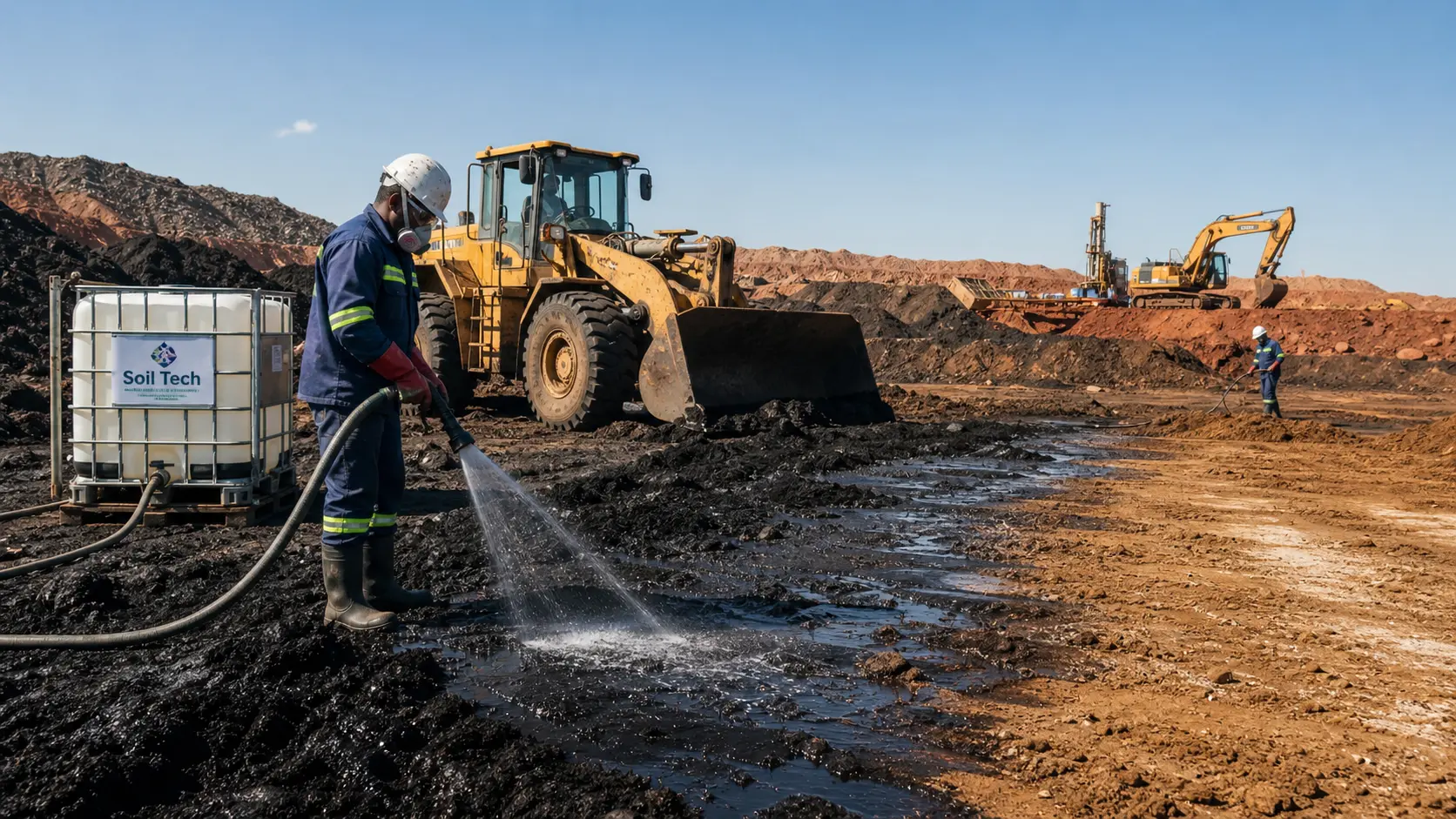 Soil Tech being applied on-site to hydrocarbon-affected soil in an active mining environment.